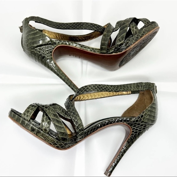 Diane von Furstenberg Sz 5.5 M Green Snake Snakeskin Embossed Heeled Sandals - Picture 7 of 11